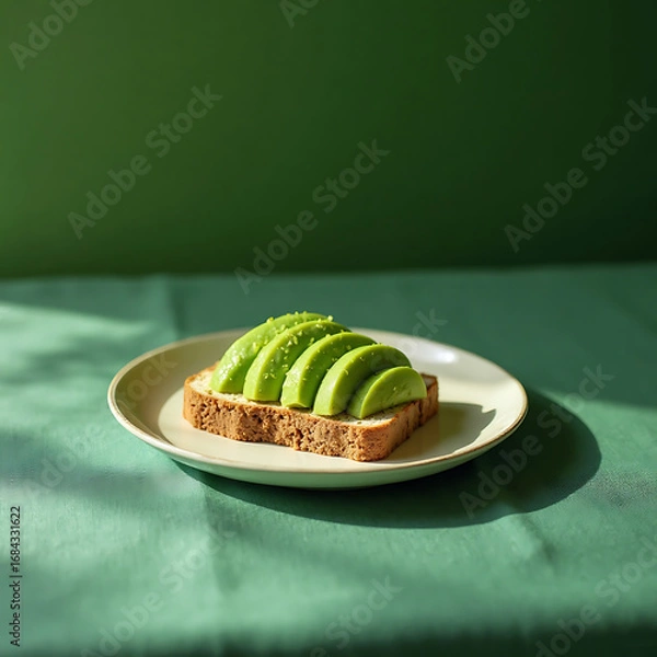 Fototapeta Avocado Toast on White Plate with Green Background and Shadow