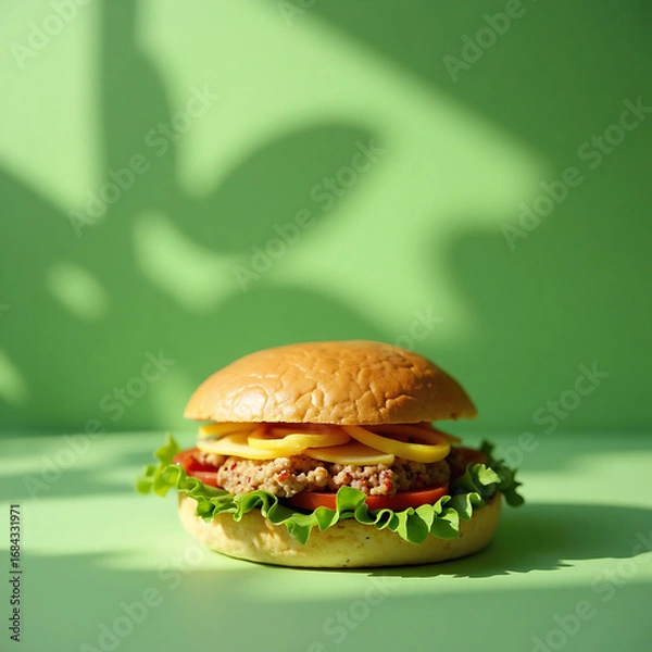 Fototapeta Fresh Cheeseburger with Lettuce Tomato and Cheese on Soft Bun in Bright Green Background