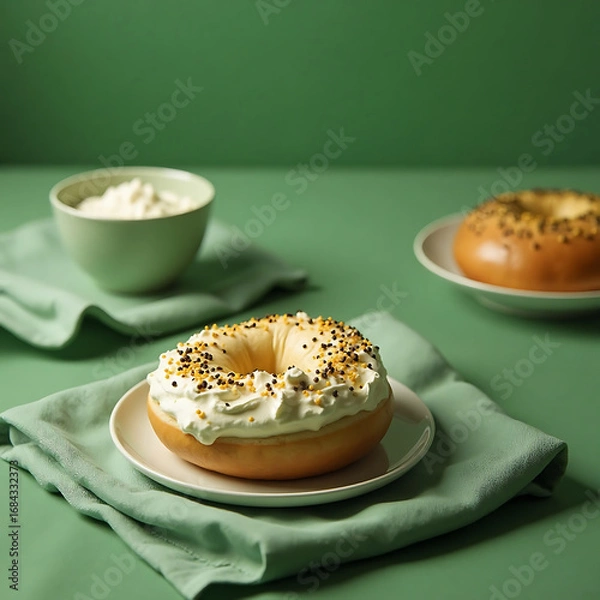 Fototapeta Creamy Vanilla Frosted Donuts with Sprinkles on White Plates in Green Background