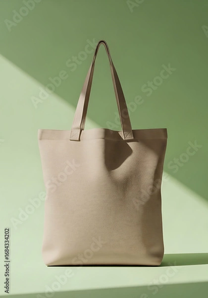 Fototapeta Beige Tote Bag with Long Handles on Green Background Natural Lighting Minimalist Style