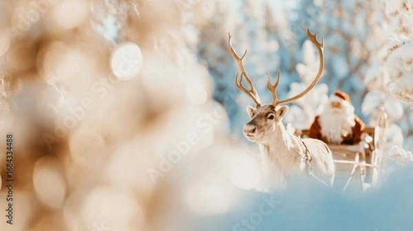 Fototapeta Santa on a sleigh pulled by a reindeer in a snowy landscape during winter
