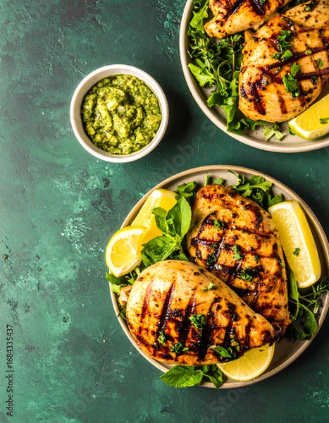 Fototapeta Grilled Chicken Breast with Lemon and Green Sauce on Green Background