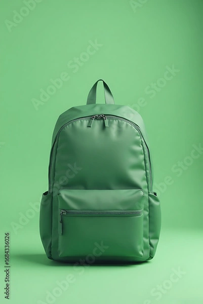 Fototapeta Green Backpack with Multiple Compartments on Bright Green Background
