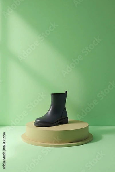 Fototapeta Black Rubber Boot on Cream Pedestal in Minimalist Green Studio