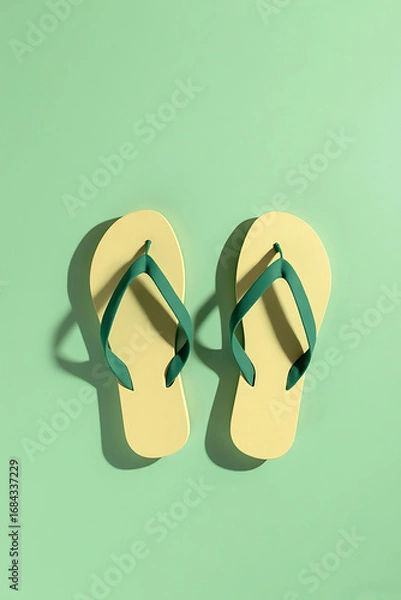 Fototapeta Yellow Flip Flops with Green Straps on Light Green Background for Summer Casual Wear