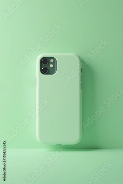 Fototapeta Light Green Smartphone Case on Green Surface in Minimalist Studio