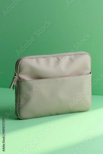 Fototapeta Sleek Silver Laptop Sleeve on Green Background in Studio Setting