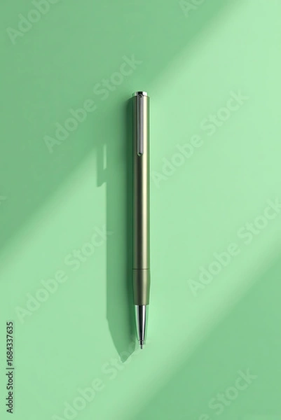 Fototapeta Elegant Silver Pen on Light Green Background with Shadow