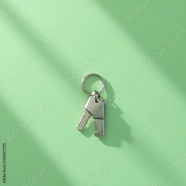 Fototapeta Silver Keychain with Two House-shaped Charms on Green Background
