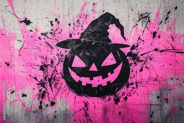 Fototapeta A vibrant graphic design featuring a dark jack-o'-lantern with a witch's hat, set against a backdrop of splatter art in a vibrant pink and gray color scheme.