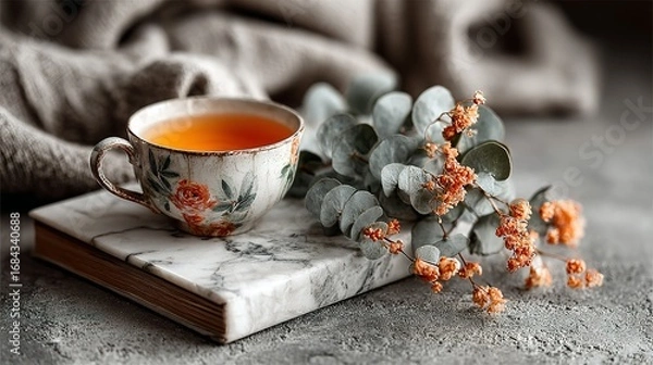 Fototapeta Tea cup on book with flowers and fabric in soft light.