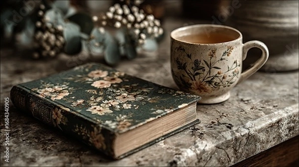 Fototapeta Book and cup of tea on a surface with floral decorations and greenery.