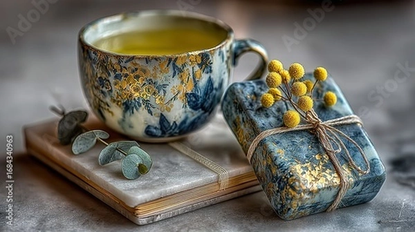 Fototapeta Tea in a patterned cup with soap and small yellow flowers on wood.