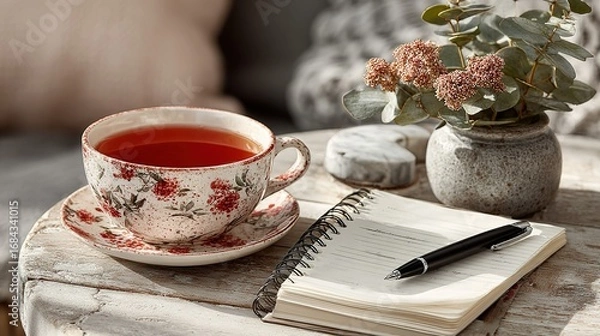 Fototapeta Tea cup notebook pen and flowers on a table in a cozy setting.