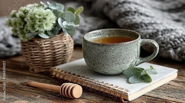 Fototapeta Cup of tea on a notebook with flowers and a blanket.