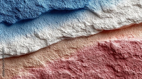 Fototapeta Abstract textured layers in shades of blue white and red close up.