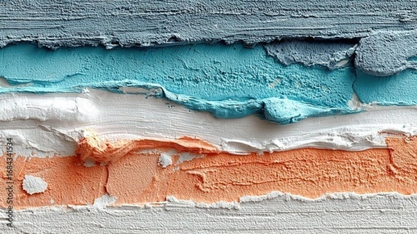 Fototapeta Abstract layers of textured material in blue white and orange colors.