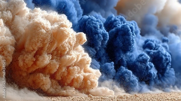 Fototapeta Abstract image showing beige and blue dust clouds mixing together in a dynamic display.