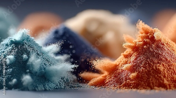 Fototapeta Piles of colorful powder are arranged in a row with a blurred background.