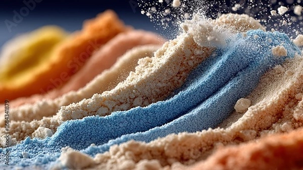 Fototapeta Piles of colorful powder arranged in rows with a blurred background.