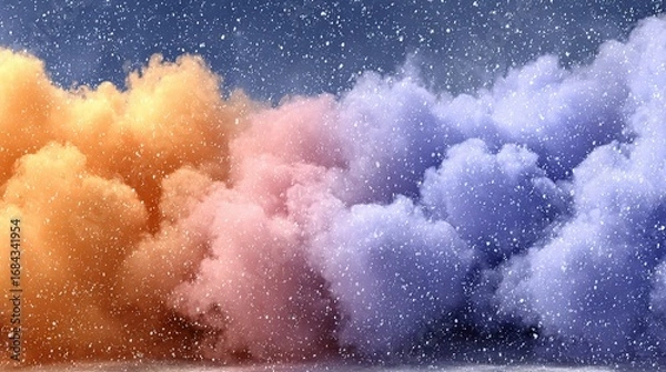 Fototapeta Abstract colorful fluffy clouds with a dark background and rain or snow.
