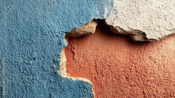 Fototapeta Close up of peeling paint showing layers of blue orange and white.