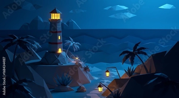 Fototapeta Lighthouse on Cliff at Night Low Poly Style