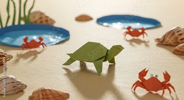 Fototapeta Origami Turtle with Paper Crabs and Seashells