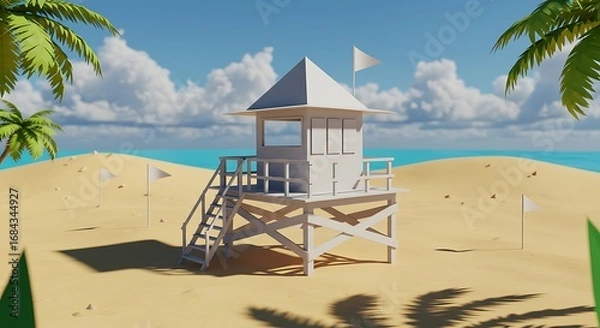 Fototapeta Lifeguard Tower at the Beach with Sand and Palm Trees