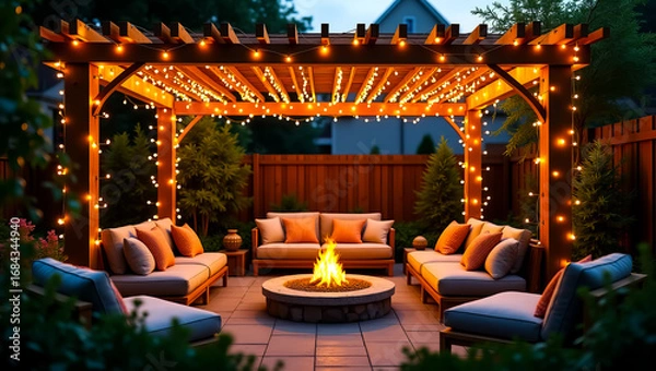 Fototapeta Vibrant cinematic view of a luxurious backyard oasis with a glowing fire pit and pergola draped in magical string lights for entertaining