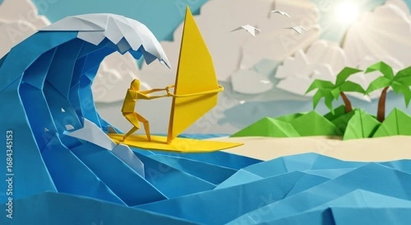 Fototapeta Windsurfer on Wave Near Beach with Palm Trees
