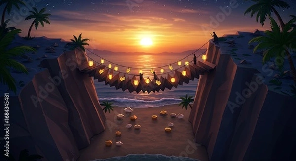 Fototapeta Beach Bridge with Lanterns at Sunset