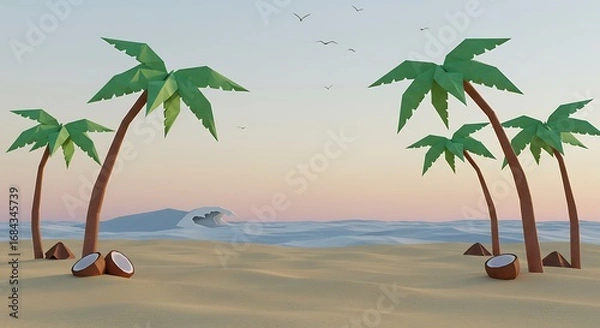 Obraz Tropical Beach with Palm Trees and Wave