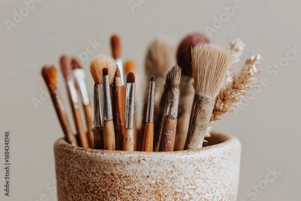 Fototapeta A collection of paintbrushes in a ceramic container