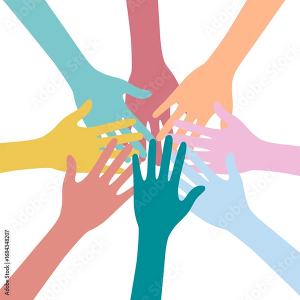 Fototapeta Multicolored raised hands, palms up, many hands and symbol community, society, union, group, team