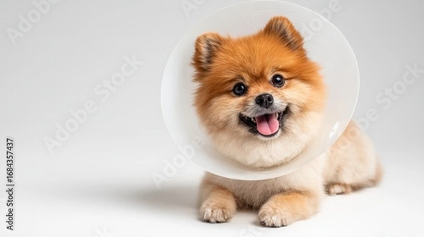 Fototapeta Small Pomeranian dog wearing a cone of shame, happily lying on a white background during a calm indoor moment.