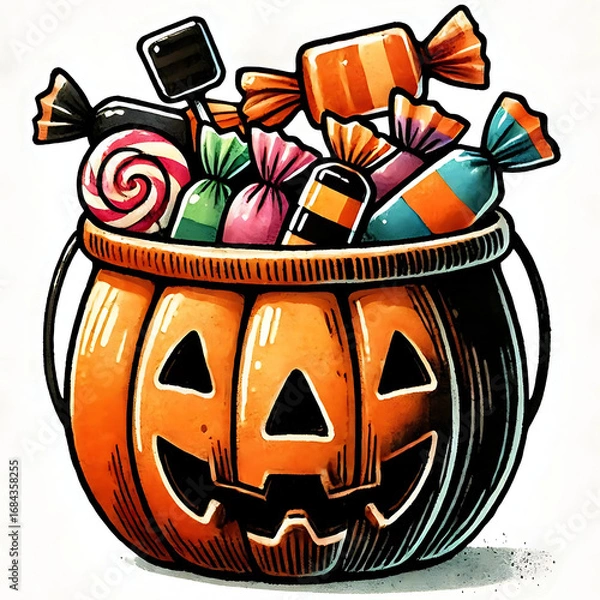 Obraz Trick-or-Treat Candy Bucket – Watercolor Halloween Vector