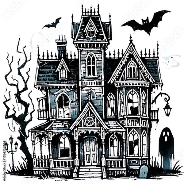 Obraz Haunted House in Watercolor Vector Style – Halloween Illustration