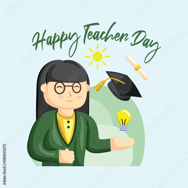 Obraz Teacher Day with Bright Cute Cartoon People, Stationery Element and Background
