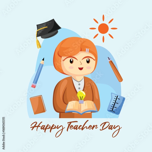 Obraz Teacher Day with Bright Cute Cartoon People, Stationery Element and Background