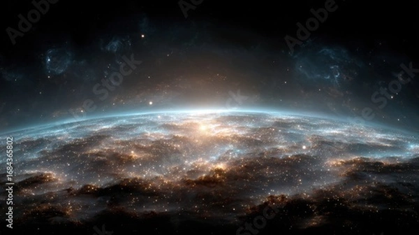 Fototapeta Stunning Cosmic View of a Glowing Horizon with Sparkling Stars and Ethereal Gas Clouds in the Depths of Space Captured in High Resolution