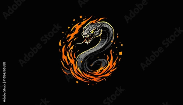 Fototapeta A stylized vector illustration depicts a snake engulfed in flames against a dark background, suitable for graphic design and digital artwork projects.