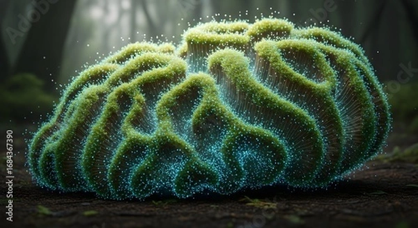 Fototapeta A surreal, moss-covered brain-like structure glowing with ethereal blue light on a forest floor.