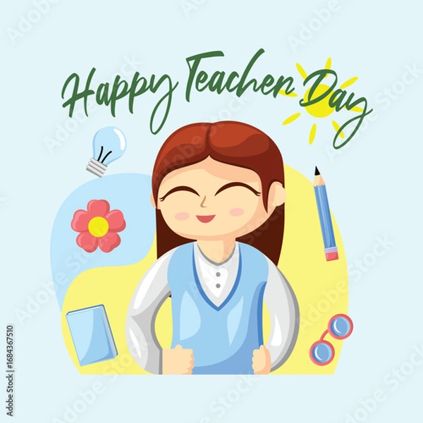 Obraz Teacher Day with Bright Cute Cartoon People, Stationery Element and Background