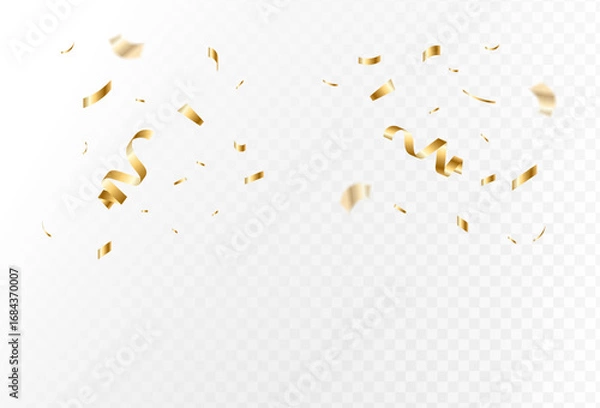 Obraz Golden confetti and serpentine streamers falling on a transparent background for celebration and party design elements
