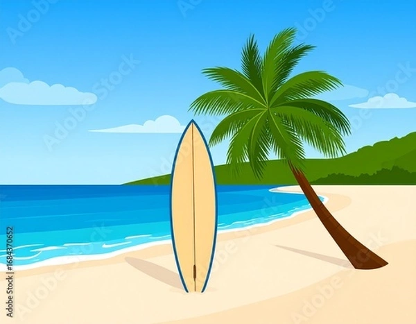 Fototapeta Tropical beach with palm trees. palm tree on the beach. Surfboard on the beach with