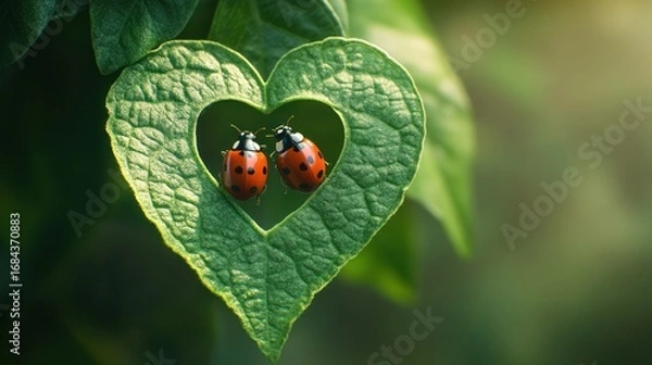 Obraz Two ladybugs in heart-shaped leaf cutout