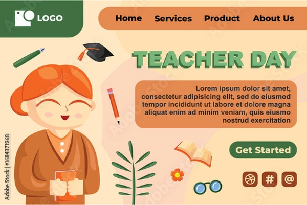 Obraz Teacher Day with Bright Cute Cartoon People, Stationery Element for Web Banner Background