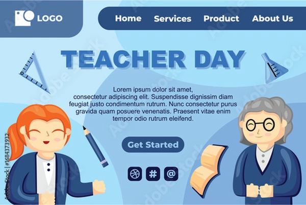 Obraz Teacher Day with Bright Cute Cartoon People, Stationery Element for Web Banner Background