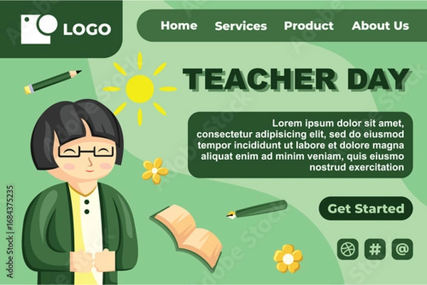 Obraz Teacher Day with Bright Cute Cartoon People, Stationery Element for Web Banner Background